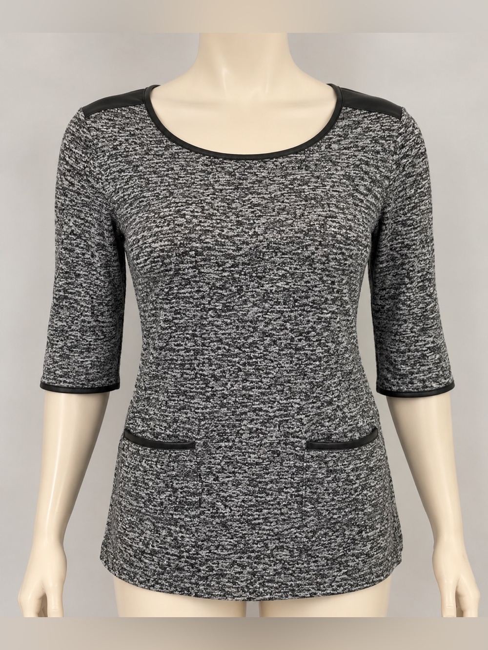 TWIK Simons Grey Marled Knit Tunic Top Faux Leather Trim XS